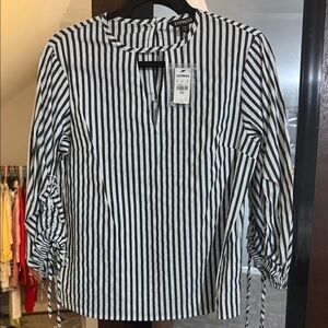 Express Black & White Vertical Stripe Tie-Sleeve Blouse